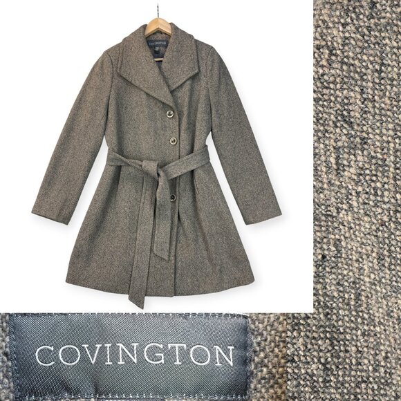 Vintage Covington Womens Coat Donegal Tweed Wool Blend Belted Outerwear Tan Sz L - Picture 2 of 16